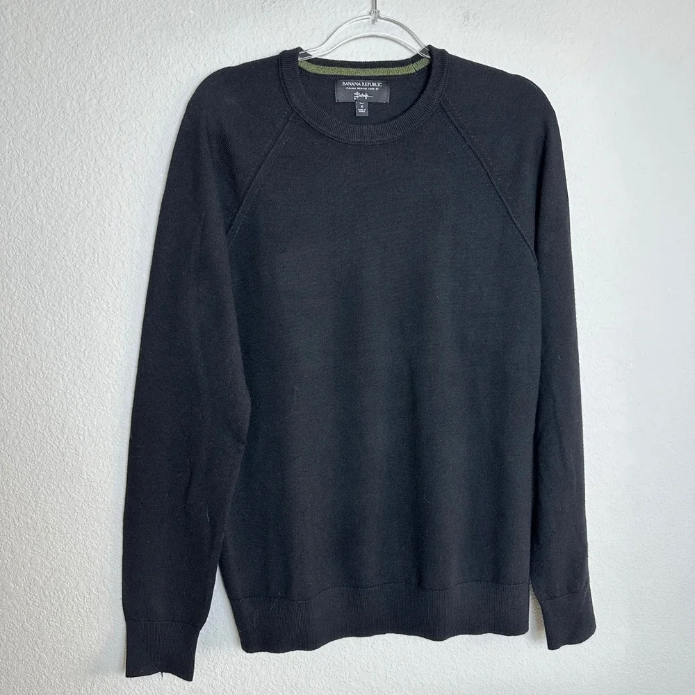 Banana Republic Mens M Tall Black Baruffa Italian Merino Wool‎ Crewneck Sweater